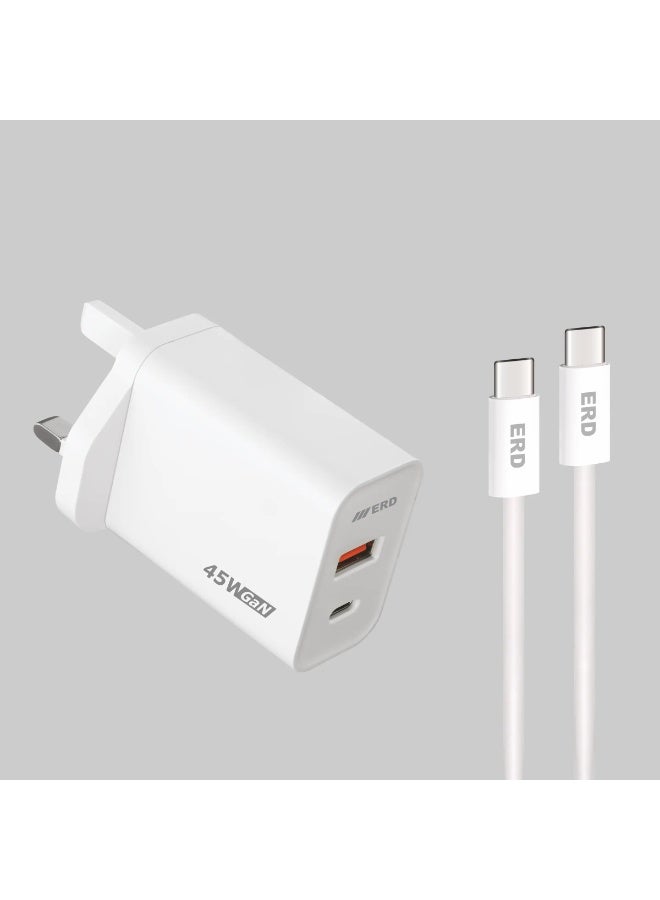 ERD شاحن سريع ERD TCU-645 بقوة 45 واط - منفذين USB-A و USB-C مع كابل C إلى C | شحن سريع متعدد الأجهزة | أبيض | 45 واط - Image 2